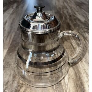 Vintage MCM Glass Carafe Coffee Pot Water Pitcher Silver Stripes And Lid